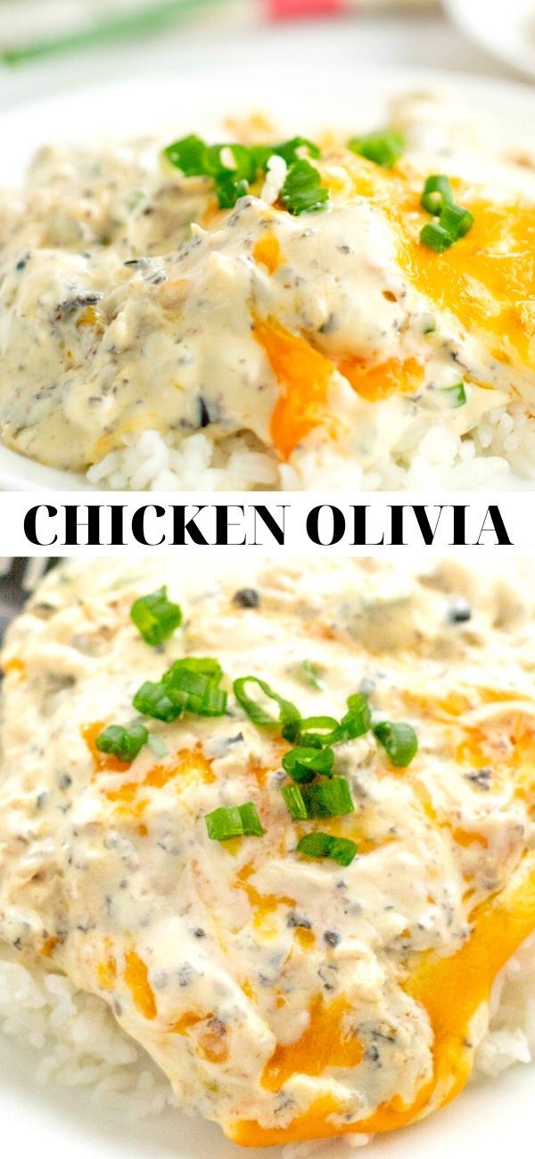 chicken and rice casserole on a white plate with the words chicken oliva above it