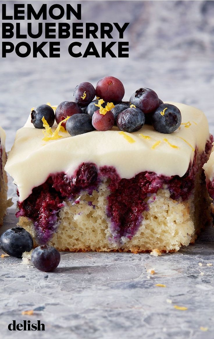 a lemon blueberry poke cake with white frosting