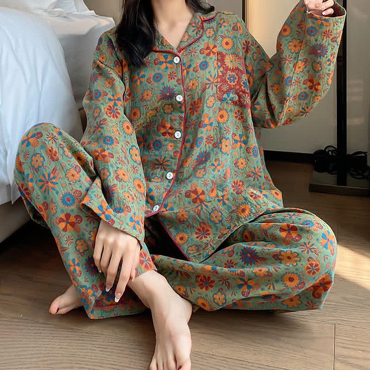 Enjoy comfort and fashion with our exceptional loungewear set. Features a loose-size design that accommodates up to 240lbs. Crafted from high-quality materials, it offers durability, softness, and breathability. Suitable for year-round wear, it's a versatile choice for both indoor and outdoor occasions. Cotton Floral Print Loungewear Set, Green Floral Print Sleepwear For Home, Spring Wide-leg Cotton Sleepwear, Comfortable Full-length Cotton Sleepwear, Cotton Loungewear, Multicolor Floral Print V-neck Sleepwear, Loungewear Set, High Quality, Lounge Wear