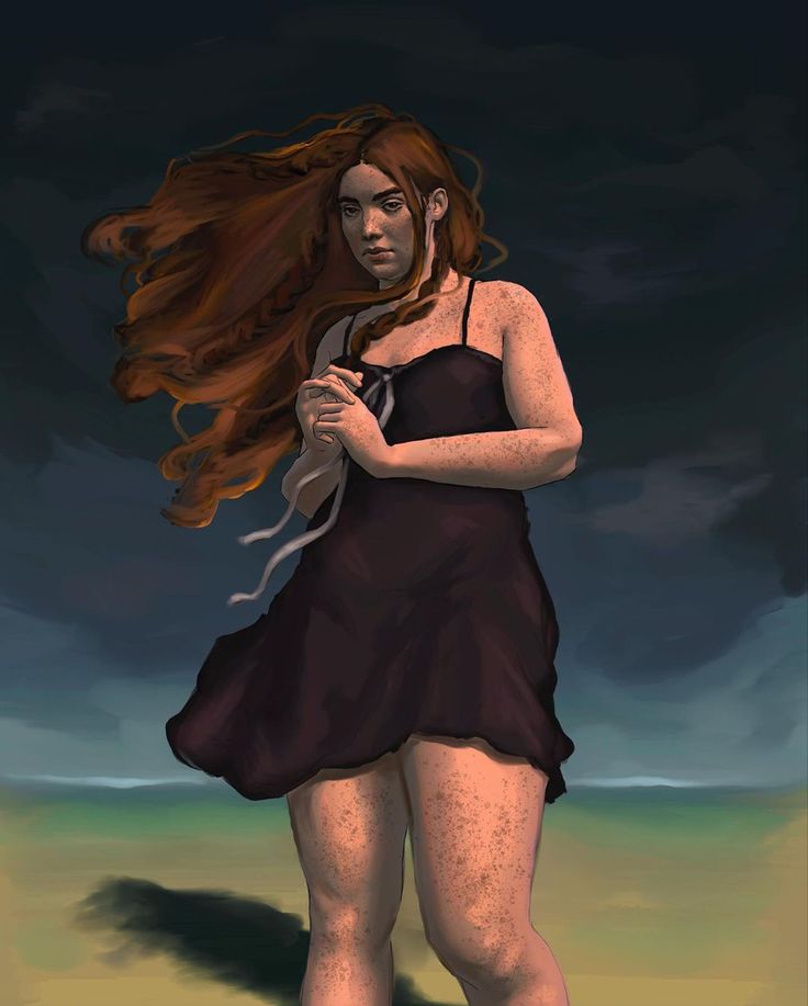 a digital painting of a woman with long red hair in a black dress holding a cell phone