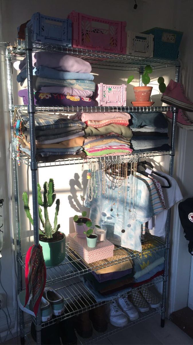 a rack with various items on it in a room