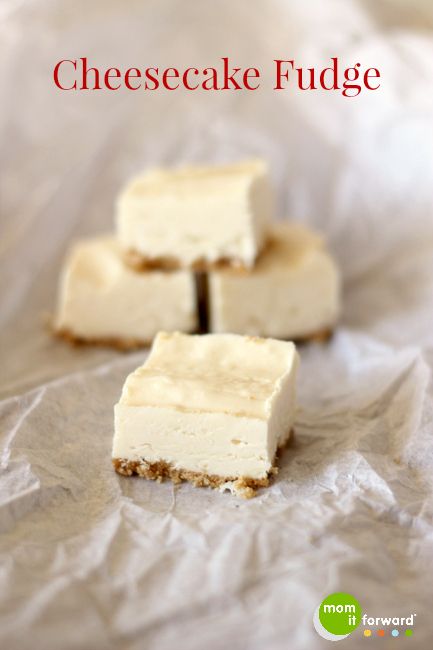 three pieces of cheesecake fudge sitting on top of wax paper with the title above it