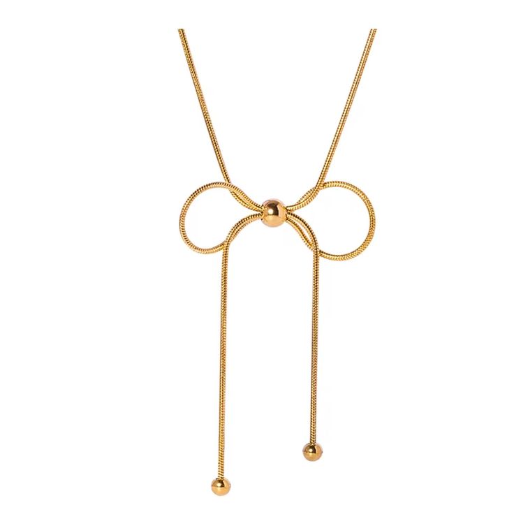 Indulge in a touch of elegance with our Gold Bow Minimalist Necklace. Crafted from delicate gold rope  with a feminine bow design, this necklace adds a subtle yet sophisticated touch to any outfit. Embrace minimalism and elevate your style with this must-have accessory. 18K Gold plated stainless steel Tarnish resistant Hypoallergenic Lightweight Although our jewelry is meant for every occasion, if you want the color to last longer, we do not recommend sleeping, showering, swimming or exercising while wearing your jewelry. Also please do not spray perfumes, hairsprays, or lotions directly near your jewelry as many beauty products cause tarnishing of metals. Chic Gold Lariat Necklace, Chic Gold Jewelry With Butterfly Knot, Chic Gold Necklace With Bow, Elegant Gold Necklace With Bow Detail, Elegant Gold Necklace With Bow, Adjustable Gold Jewelry With Decorative Bow, Adjustable Necklace With Decorative Bow, Chic Gold Lariat Necklace As Gift, Minimalist Gold Jewelry With Bow