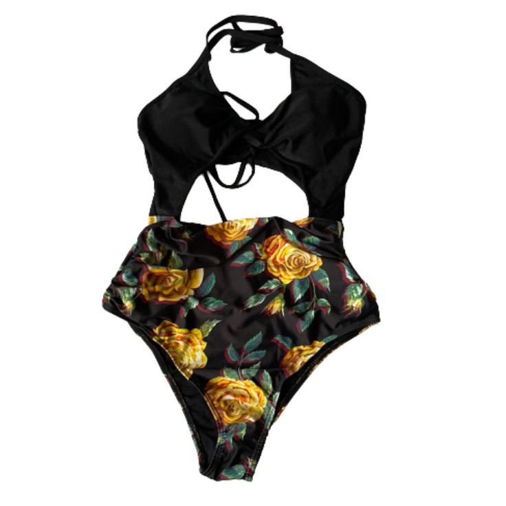 This One Piece Swimsuit Has A Stylish V-Neck And Cutout Design. The Halter Top Has A Built In Bra With Non Removable Padding. The Front Has A Cutout Design In The Front With Ruching To Help Hide Imperfections.. The Semi Open Back Has A Lace Up Design. Black & Yellow Floral Bottom & Solid Black Top. Size Small Inv# 6791 Yellow Lined Swimwear For Summer, Yellow Lined Swimwear For Beach, Yellow Lined Swimwear For Vacation, Yellow Lined Swimwear For The Beach, Yellow Bodysuit For Beach Party, Yellow Lined Bodysuit For Vacation, Yellow Backless Swimwear For Spring, Yellow Lined Swimwear For Sunbathing, Yellow Beachwear Bodysuit For Beach Party