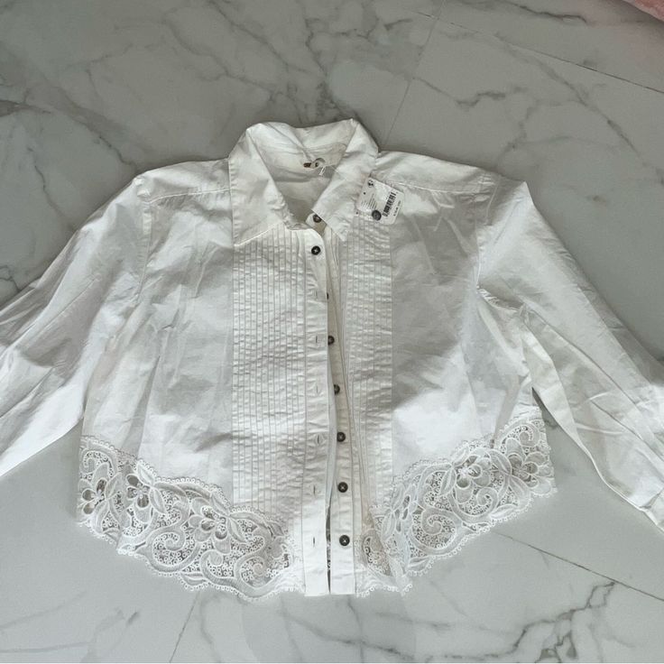 Free People Button Down Lace Shirt - White New With Tags Size Small White Button-up Tops With Buttons, Spring White Blouse With Snap Buttons, White Blouse With Snap Buttons For Spring, Spring White Tops With Button Cuffs, White Cotton Tops With Button Cuffs, White Cotton Blouse With Buttons, White Top With Button Closure And Collar, White Tops With Button Closure And Collar, White Collared Blouse With Snap Buttons