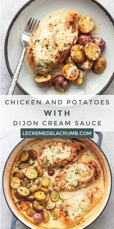 chicken and potatoes with dijon cream sauce are shown in two different pans on the same plate