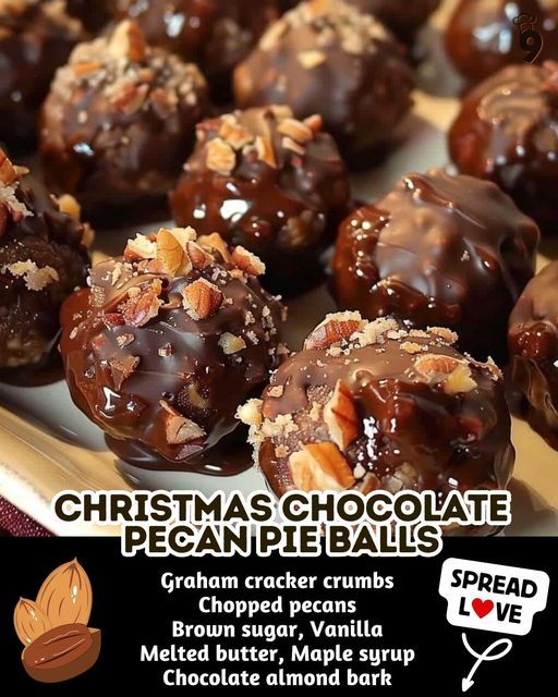 christmas chocolate pecan pie balls with nuts on top