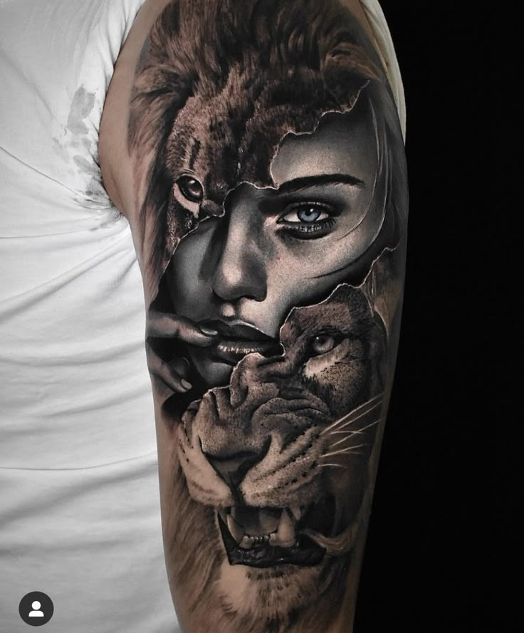 a woman with a lion on her arm and another animal in the other side of her face