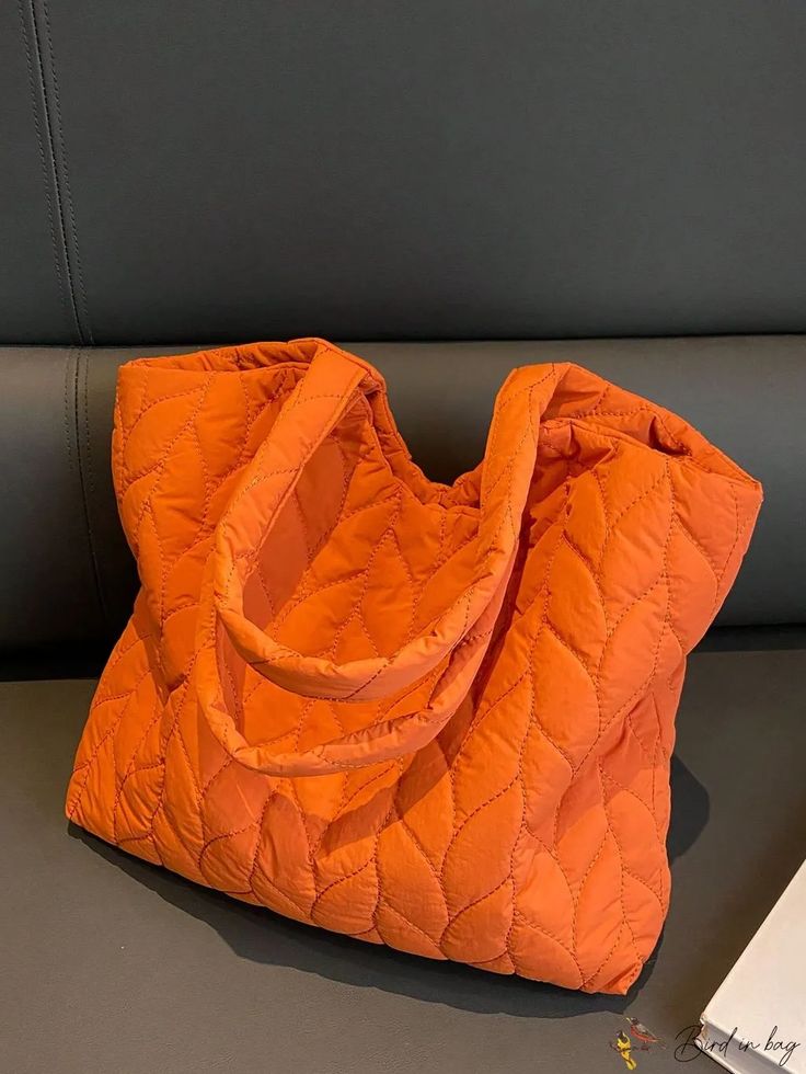 BirdinBag - Compact Quilted Neon Orange Shoulder Tote Bag Plaid Bag, Nylon Tote Bag, Nylon Tote Bags, Orange Plaid, Orange Pattern, Nylon Tote, Bags Tote, Orange Bag, Word Wrap