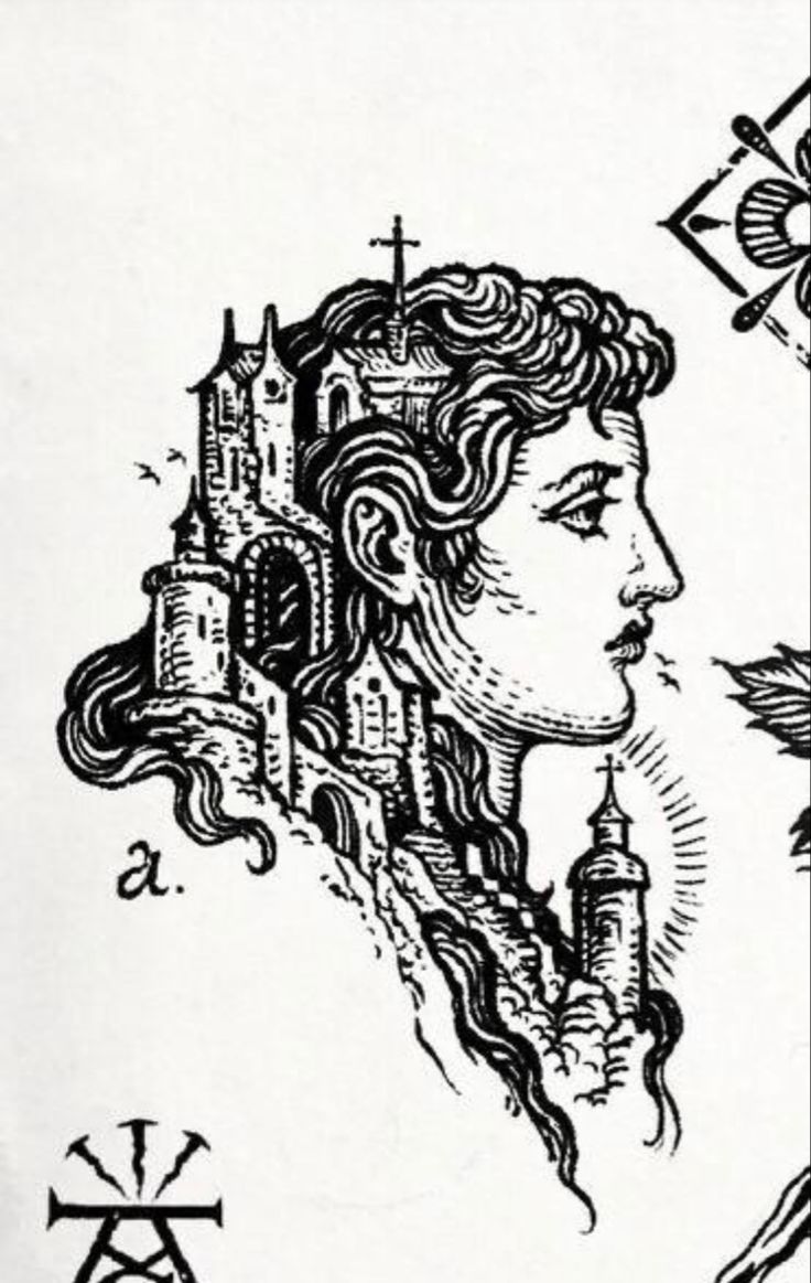 a drawing of a woman with long hair and a castle on her head, in black ink