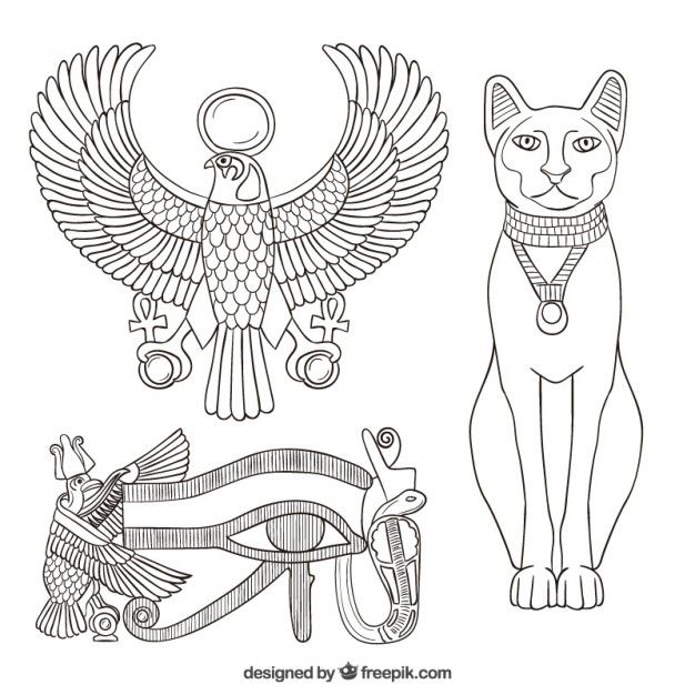 egyptian symbols with an eagle, cat and bird on the top one is black and white