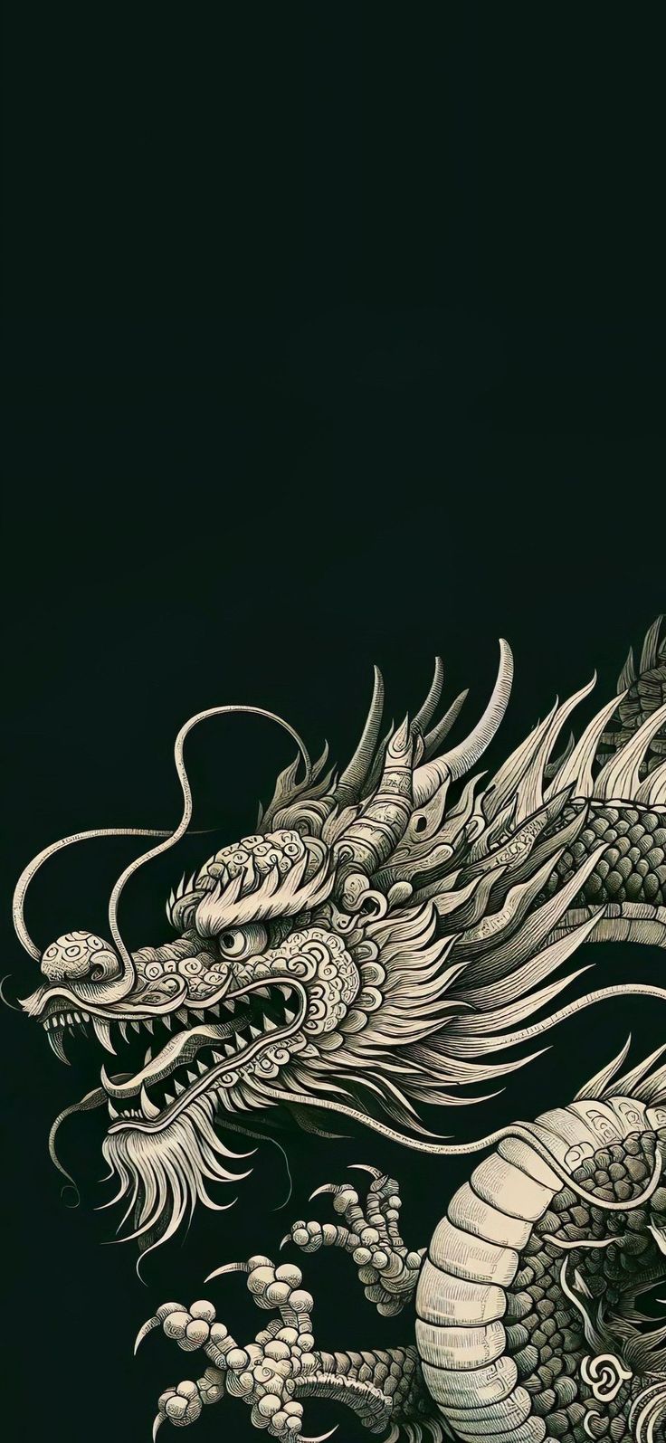 a black and white drawing of a dragon