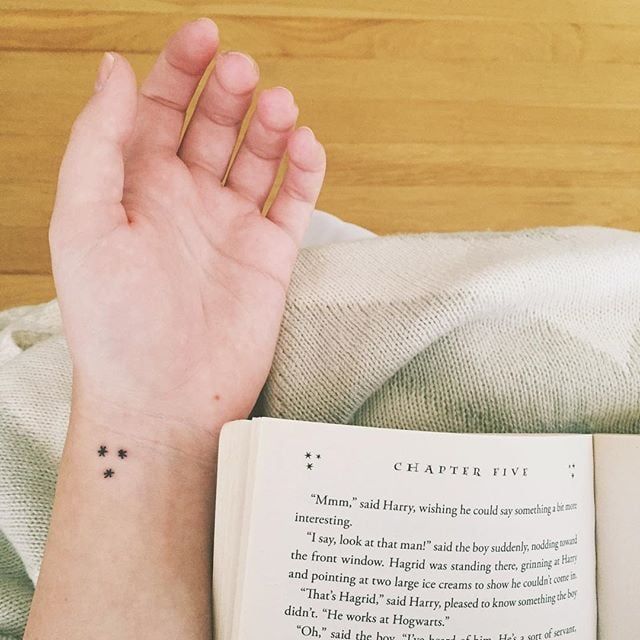 a woman's hand with a tiny star tattoo on her wrist next to an open book