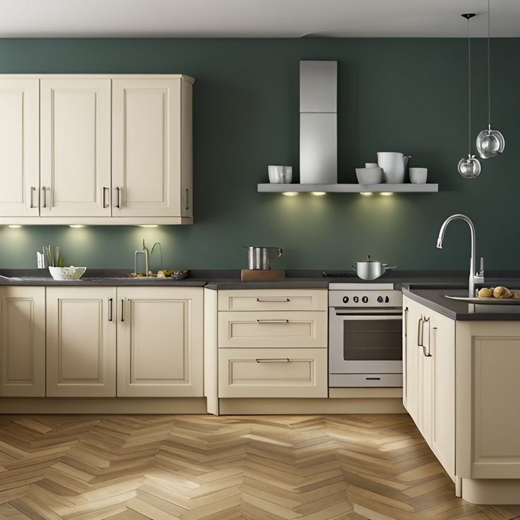 a kitchen with green walls and white cabinets