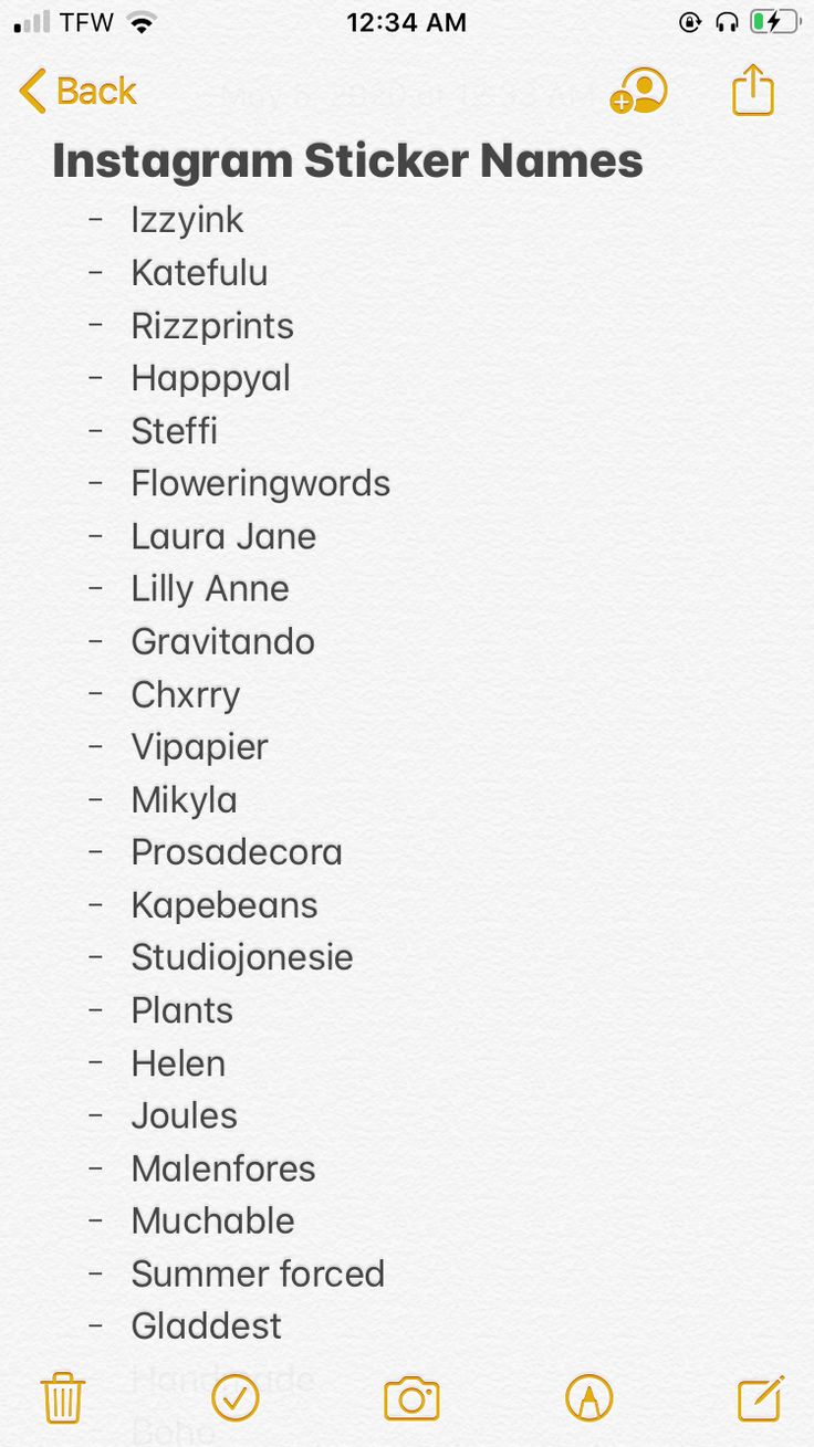 the instagram sticker names list is displayed on an iphone screen, and it appears to be filled with text