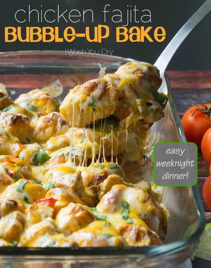 chicken fajita bubble up bake in a glass casserole dish