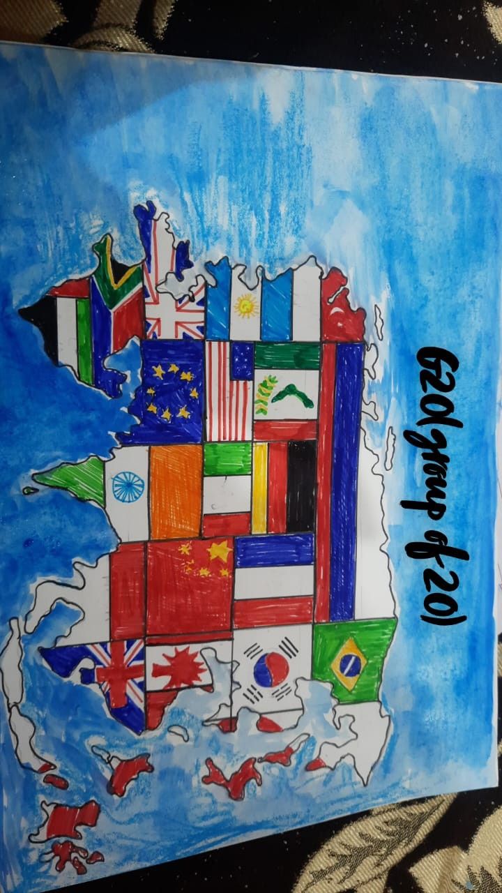 a child's drawing of the united states with flags on it, and words written in black ink