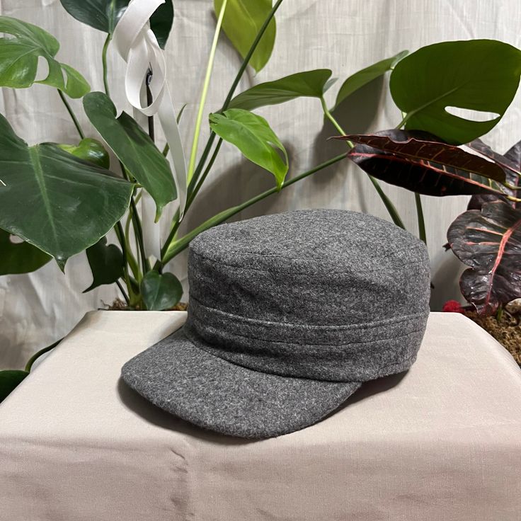 a gray hat sitting on top of a table next to a potted green plant