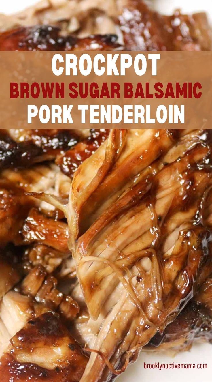 crockpot brown sugar balsamic pork tenderloin on a white plate