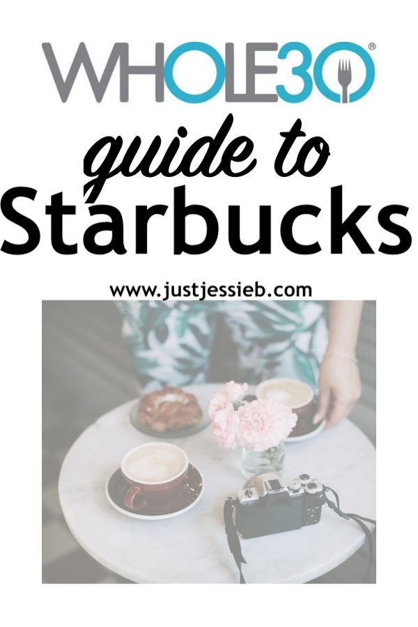 the whole 30 guide to starbuck's on a white plate with pink flowers