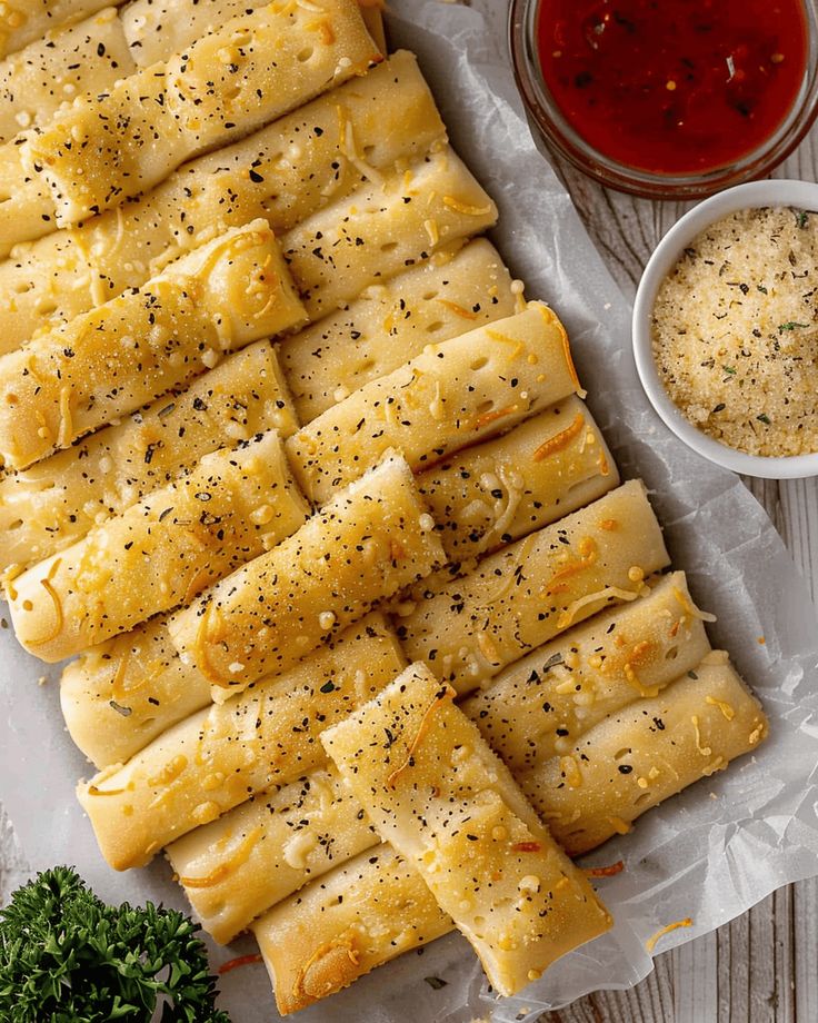 an image of some food that is on the table and ready to be eaten with sauces