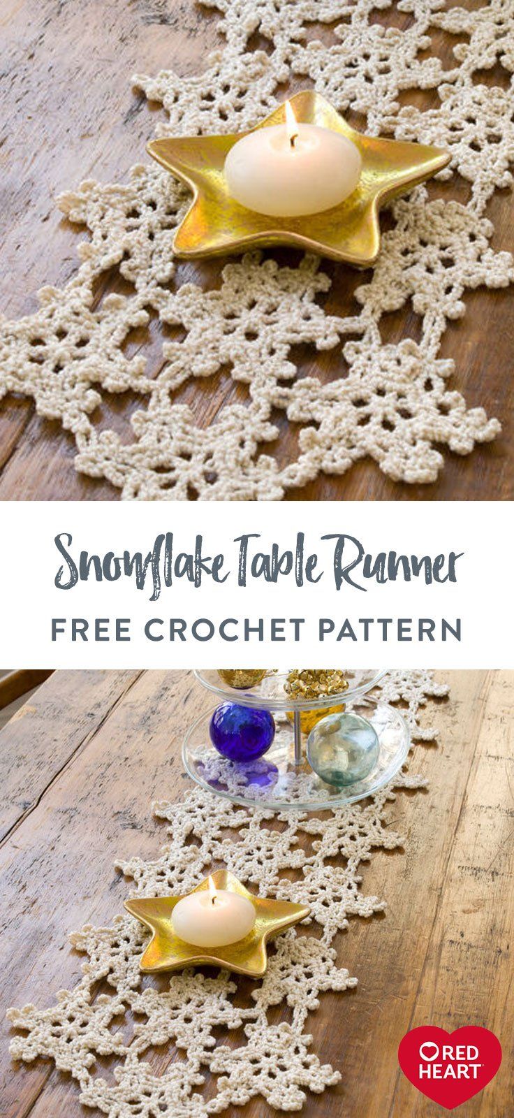 snowflake table runner with free crochet pattern on the bottom and side