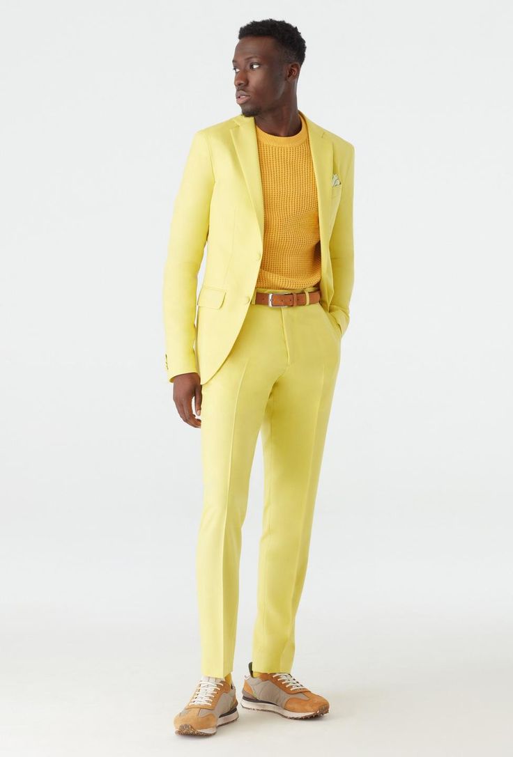 Yellow Tailored Suit For Semi-formal Occasions, Fitted Blazer With Structured Boning For Spring, Fitted Suits With Pressed Crease For Spring, Tailored Summer Suits For Semi-formal Occasions, Luxury Fitted Sets For Summer, Luxury Fitted Summer Sets, Fitted Suits For Summer Parties, Fitted Summer Party Suits, Luxury Tailored Suits For Summer