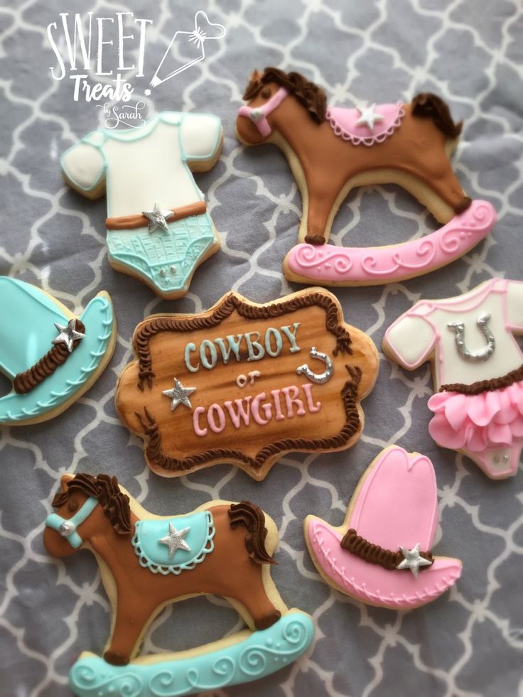 baby shower cookies with cowboy and cowgirl decorations