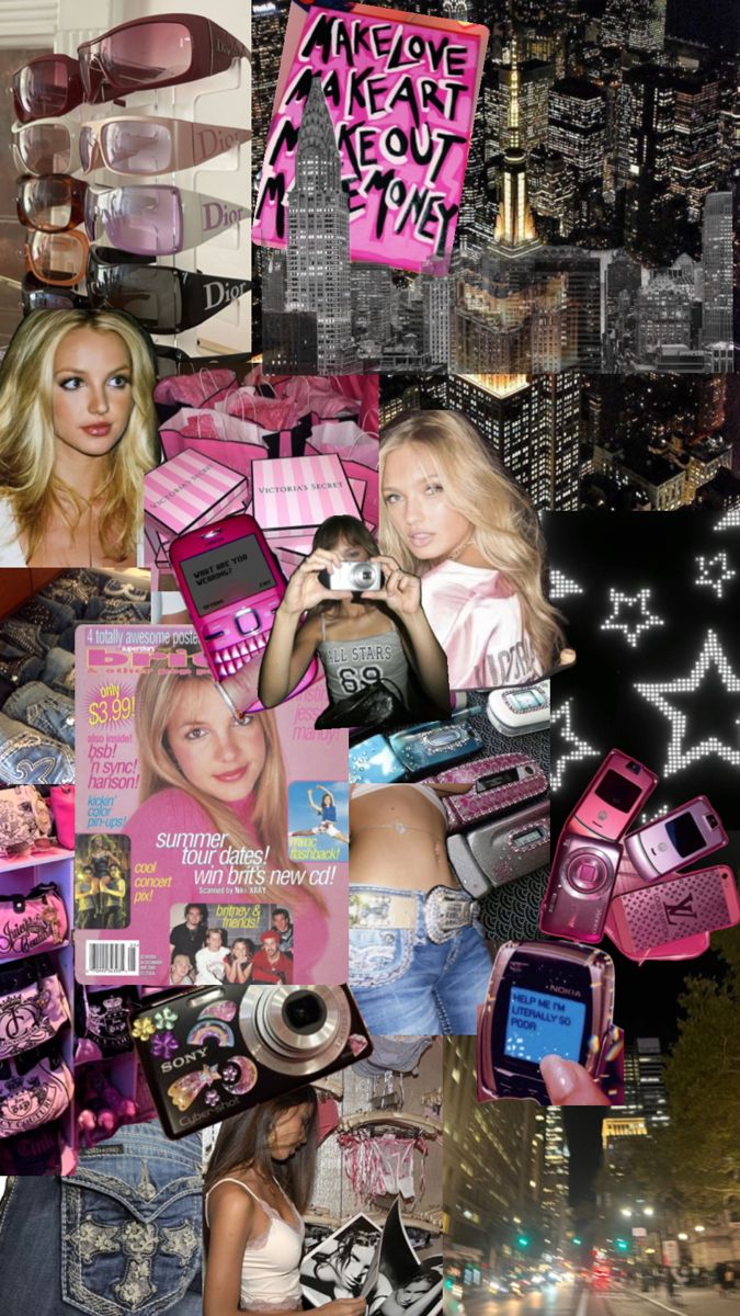 a collage of photos with pink and black items on them, including cell phones