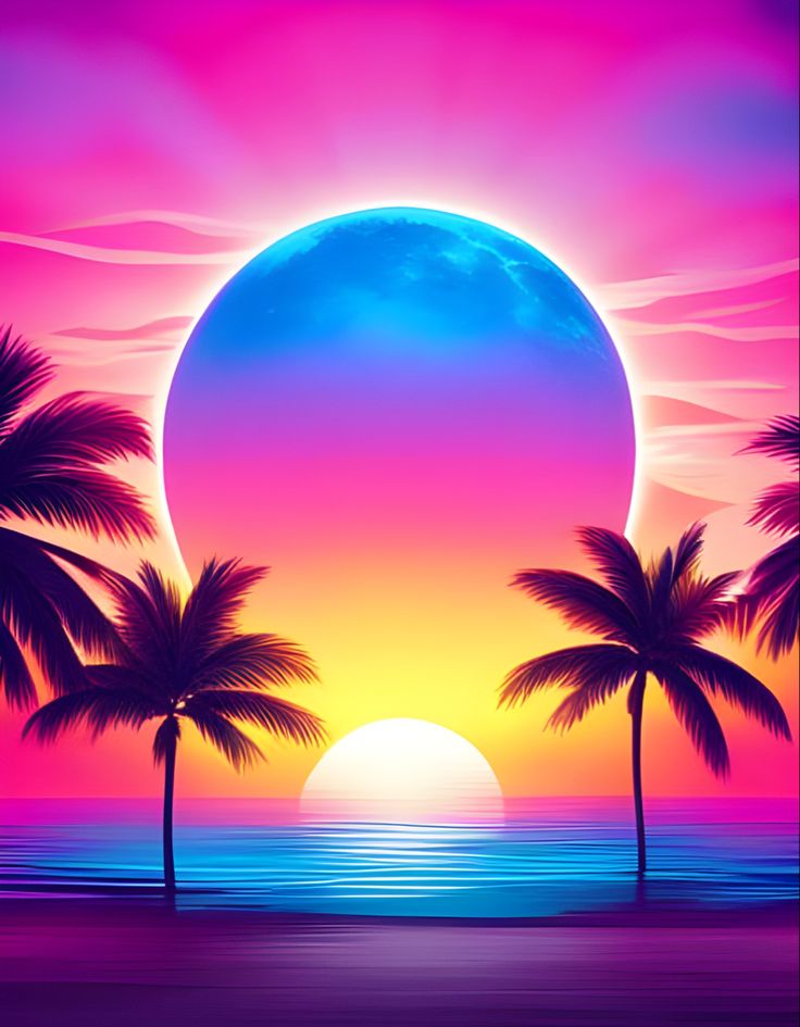 A colorful neon sunset over the ocean with fantasy moon and palm trees in a vaporwave aesthetic Fantasy Sunset, Neon Vaporwave, Synthwave Aesthetic, Neon Sunset, Sunset Canvas Painting, Background 4k, Foto Langka, Pastel Sunset, Sunset Images