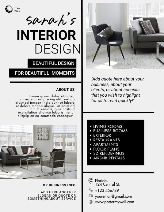 the interior design flyer is shown in black and white