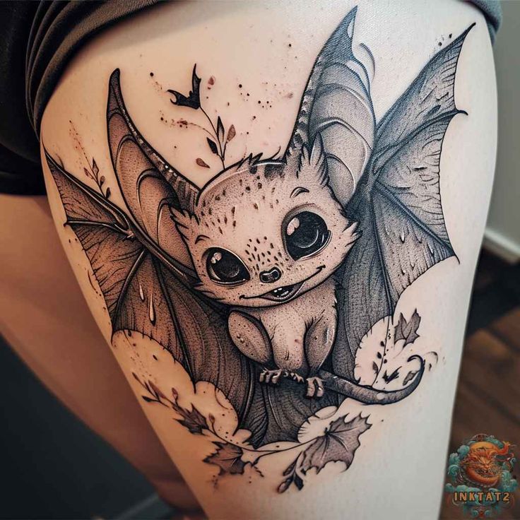 a black and white tattoo design of a bat with leaves on it's thigh