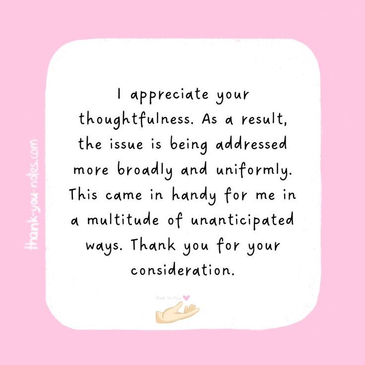 a pink and white card with a handwritten quote on it that says, i appreciate your thoughtflinesss as result, the issue is being addressed more broadly and uniformly