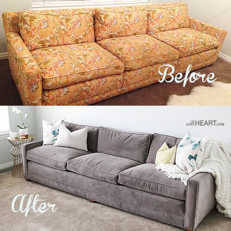 before and after shot of a couch in a living room with carpeted flooring