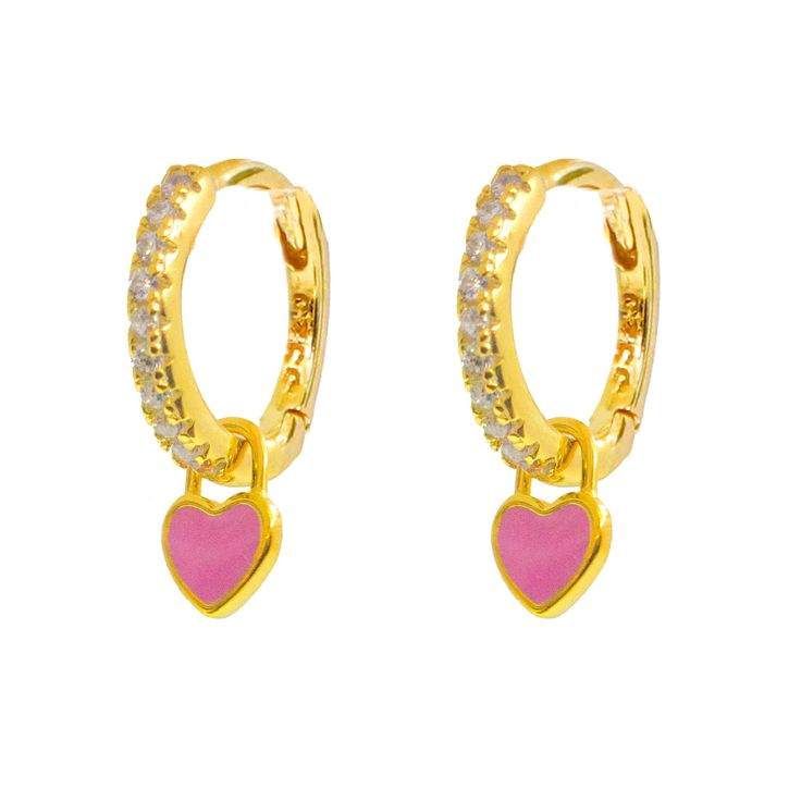 Earring Details: Material: 18K Gold Vermeil / Sterling Silver. Anti-allergy and nickel-free. Designed in USA In order to extend the life of your jewelry, please remove jewelry before swimming, exercising & bathing. Heart Lock, Huggie Earrings, Huggies Earrings, Gold Vermeil, Allergies, Pink And Gold, 18k Gold, Swimming, Sterling Silver