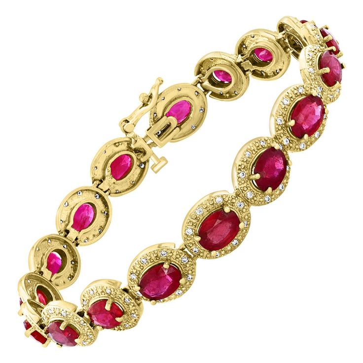 Introducing our stunning and affordable 14 Karat Yellow Gold Tennis Bracelet featuring a remarkable 17 carat oval treated Ruby and 1 carat of diamonds. This bracelet is a true statement piece, showcasing the beauty and elegance of rubies and diamonds. The bracelet is expertly crafted with 20.0 grams of 14 Karat yellow gold, ensuring its durability and luxurious feel. It measures a standard 7 inches in length and features a safety clasp for added security. The focal point of this bracelet is the Luxury Oval Tennis Bracelet With Diamond Accents, Luxury Oval Bracelets With Diamond Accents, Luxury Oval Diamond Bracelet For Anniversary, Oval Diamond Bracelet With 17 Jewels, Oval Diamond Bracelet With Gemstones, Luxury Oval Diamond Bracelet With Gemstone, Oval Diamond Tennis Bracelet With Gemstones, Exquisite Oval Diamond Bracelet, Exquisite Oval Bracelets For Anniversary