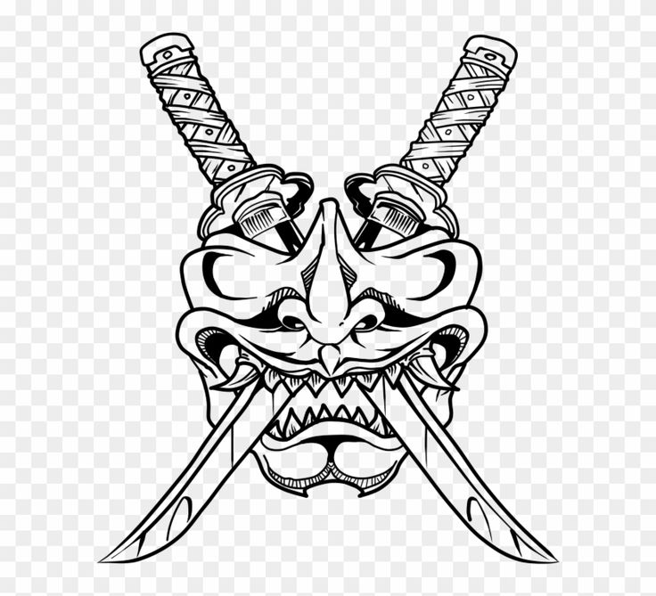 a mask with two swords in it and the face of an evil demon, on transparent background