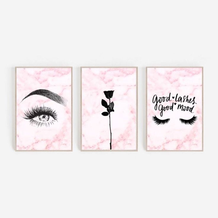 three pink wall art with black and white images on the walls, each featuring eyelashes