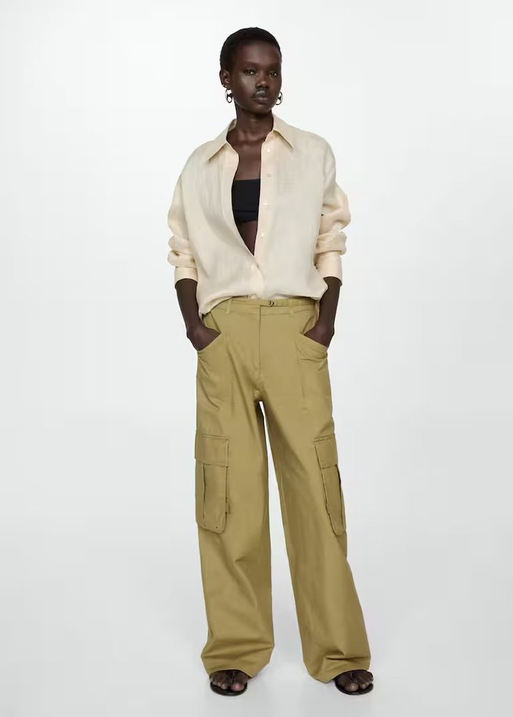 Trousers - Women | Mango USA Cargo Pants Wome, Carbo Pants Women, Beige Cargo Pant Fit, Beige Cargo Pants Heels, Trendy Beige Pants, Beige Leather Cargo Pants, Cargro Pants, Buy Linen, Linen Loungewear