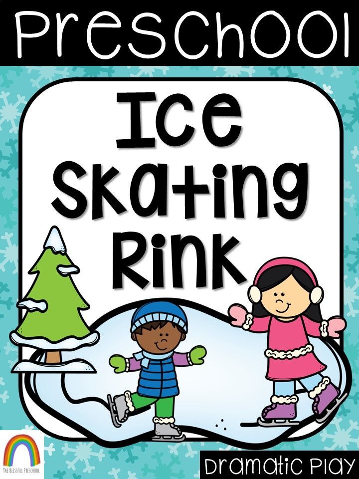 an ice skating rink sign with two children in winter clothes, and snowflakes