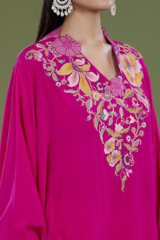 Rani pink high low kaftan with french knots, thread embroidery in floral pattern on neckline. Paired with pant. - Aza Fashions Pink Embroidered Kaftan For Wedding, Embroidered Pink Kaftan For Wedding, Festive Pink Embroidered Kaftan, Festive Embroidered Pink Kaftan, Pink V-neck Dress With Resham Embroidery, Spring Anarkali Kaftan With Floral Embroidery, Pink Embroidered Anarkali Kaftan, Pink Anarkali Dress With Embroidered Border, Pink Floral Embroidered Kaftan For Wedding