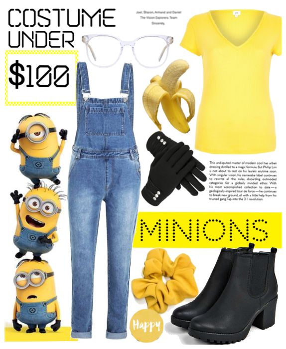 a yellow shirt, jeans and black boots are featured in this postcard for the minions movie