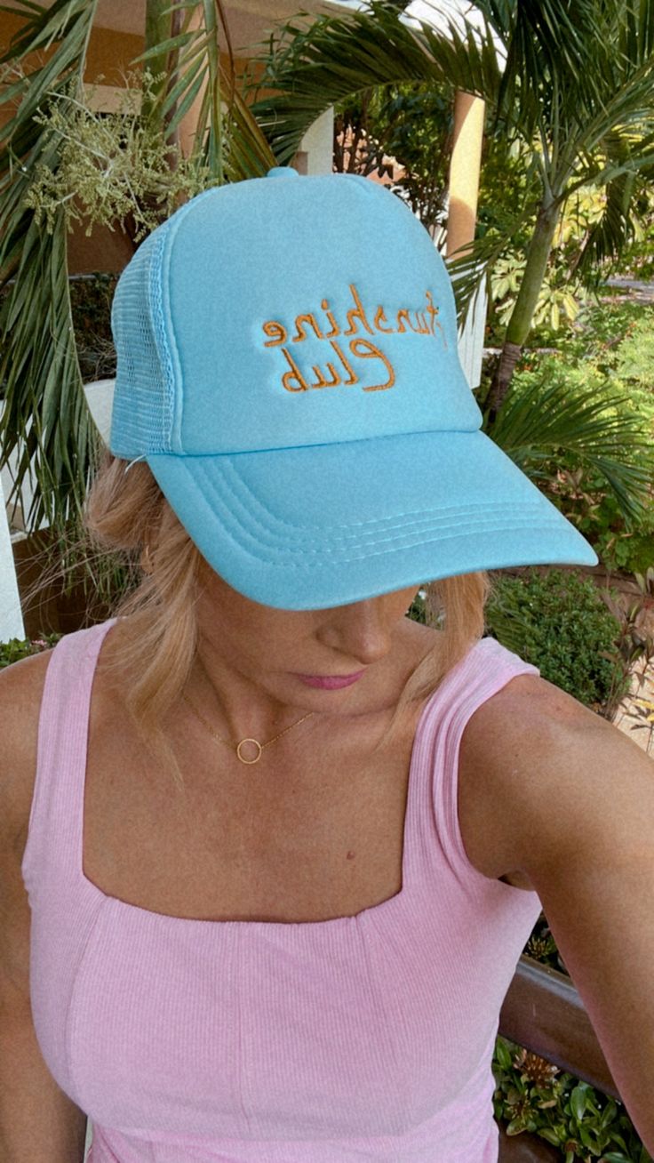 Custom embroidered Sunshine Club Trucker Hat Cute Summer Hats With Curved Bill, Spring Blue Trucker Hat With Letter Print, Embroidered Snapback Trucker Hat For Beach, Spring Vacation Trucker Hat With Visor, Summer Embroidered Logo Baseball Cap, Embroidered Logo Baseball Cap For Summer, Trendy Visor Snapback Hat For Spring, Summer Vacation Hats With Embroidered Logo, Summer Snapback Hat With Embroidered Logo And Curved Brim