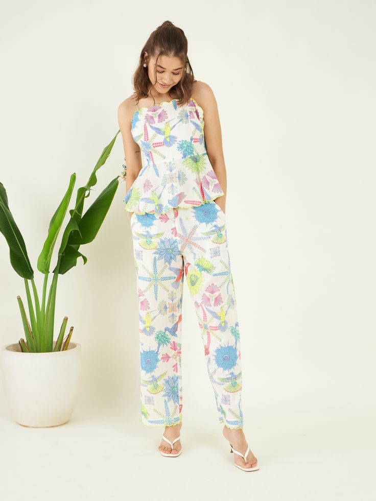 Multicolor Printed Linen Co-ord Set at Kamakhyaa by Bohobi. This item is 100% Linen Summer Wear For Women, Jumpsuit Chic, Peplum Styles, Breezy Dress, Blouse Designs Latest, Peplum Blouse, Sustainable Fashion Brands, Straight Trousers, Co Ord Set