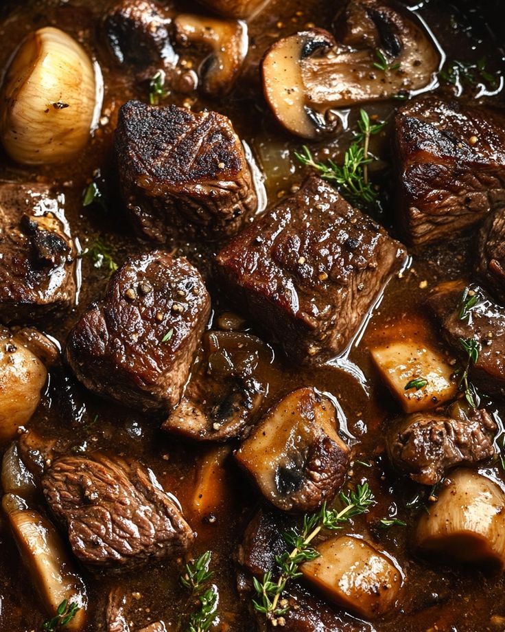 some meat and mushrooms are cooking in a pot