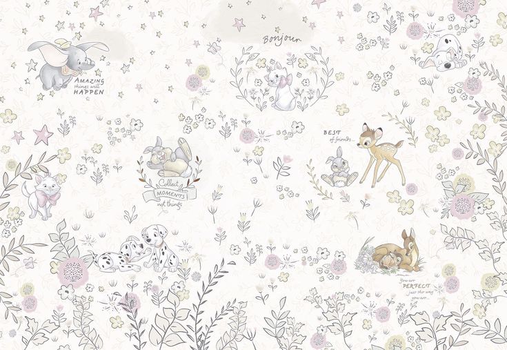 an animal themed wallpaper with flowers and animals in the background, all on white