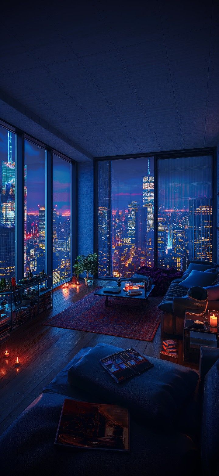 a living room filled with furniture and large windows overlooking the city lights at night time