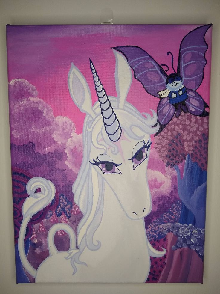 a painting of a unicorn with a butterfly on its head