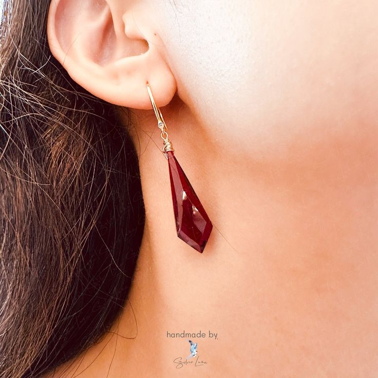 Experience the elevated style of our Kite red garnet natural stone drop earrings. These handcrafted earrings feature genuine garnet stones in a kite shape, bringing sophistication and energy to any outfit. The translucent red stones are known for increasing passion and vitality, making them an ideal gift for yourself or a loved one. Elevate your fine jewelry collection with these one-of-a-kind kite red garnet dangle earrings. You can choose metal finish options: Silver: will have solid 925 sterl Red Faceted Drop Earrings, Red Faceted Earrings For Formal Occasions, Red Garnet Teardrop Earrings, Red Teardrop Garnet Earrings, Faceted Garnet Drop Earrings, Garnet Faceted Drop Earrings, Red Faceted Garnet Earrings, Red Garnet Drop Jewelry, Elegant Faceted Garnet Earrings