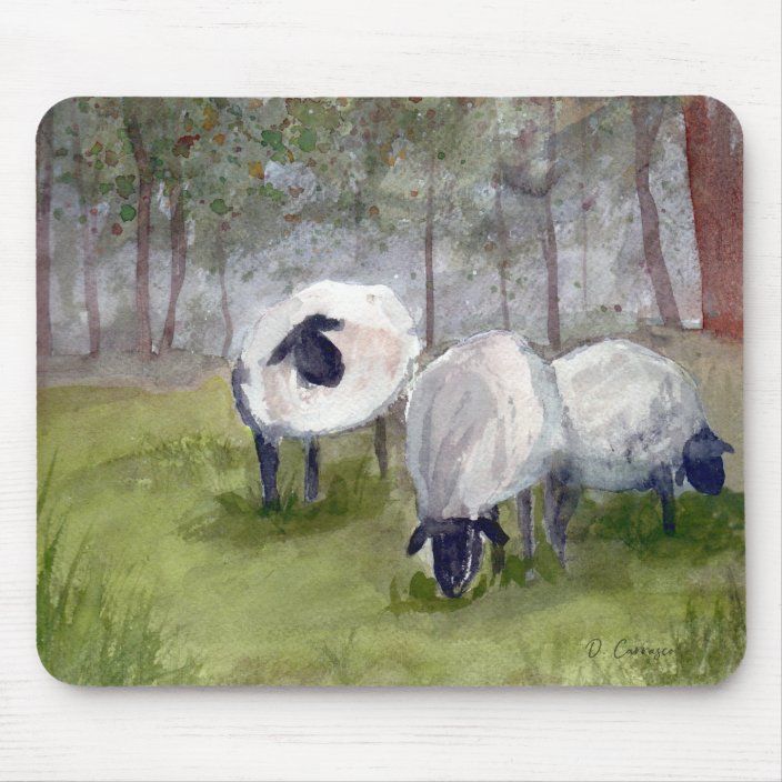 two sheep grazing in the grass next to some trees and watercolors on paper